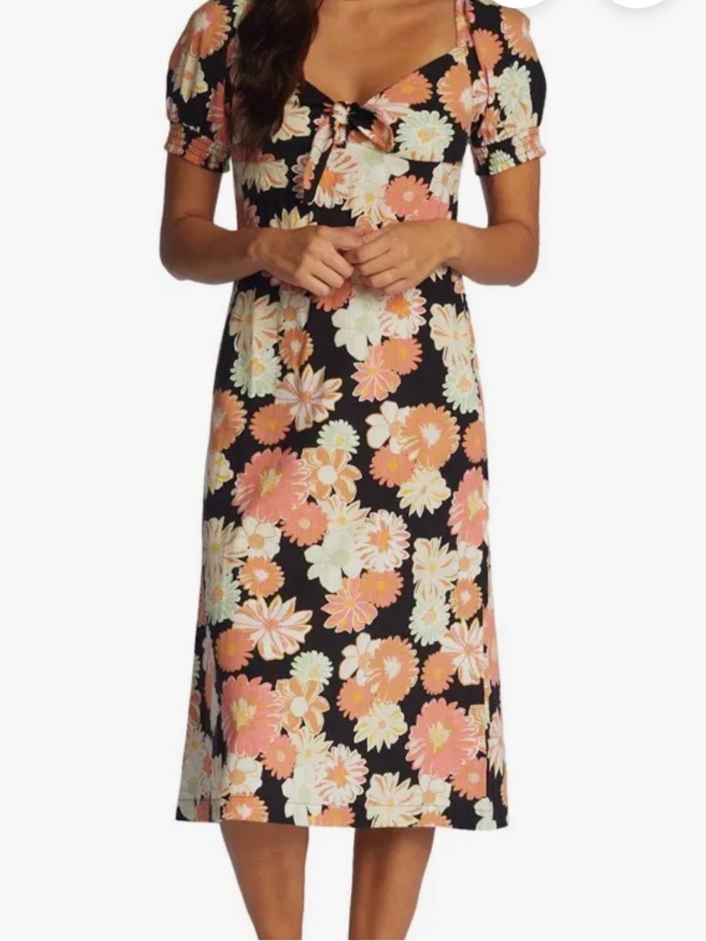 Floral Dress with Puff Sleeves - Black & Peach